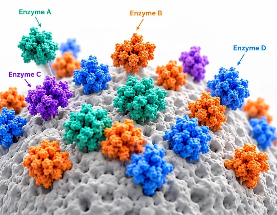 Enzymes A to D attached at random to a resin bead, mixed together and in random orientations