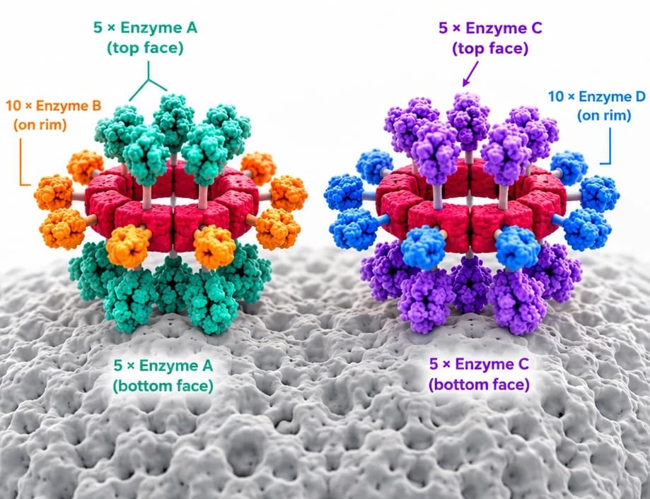 Two PRX rings standing on a resin bead, each carrying a pair of enzymes in a defined arrangement