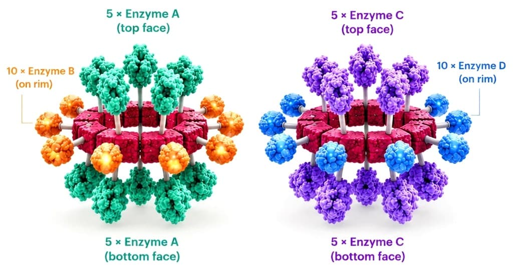 Two PRX rings, one carrying enzymes A and B and the other enzymes C and D, with five copies on each face and ten around the rim