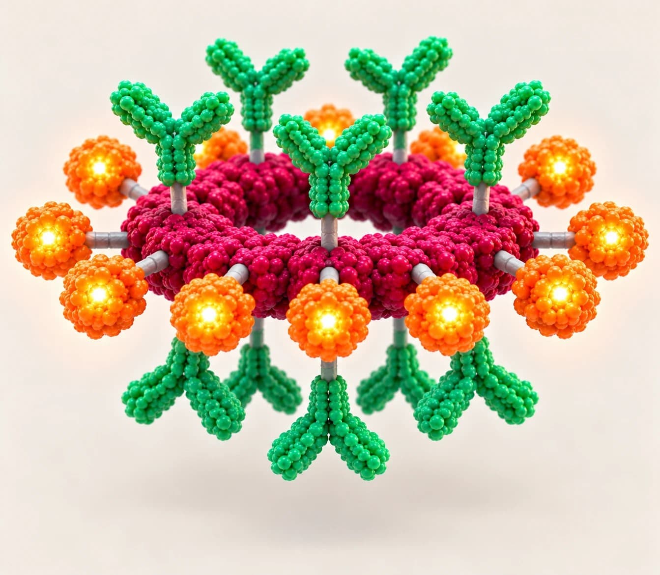 Decameric ring displaying ten VHH binders in green and ten signal molecules in yellow