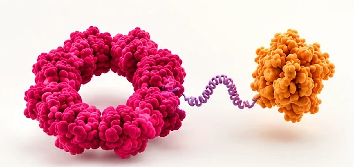 A PRX ring joined to a cargo protein by a peptide linker
