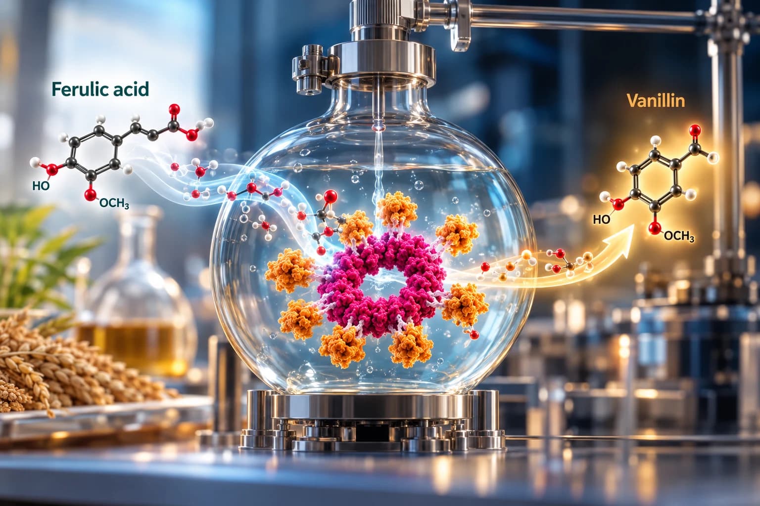 Ferulic acid converted to vanillin by a scaffold-loaded enzyme inside a glass reactor
