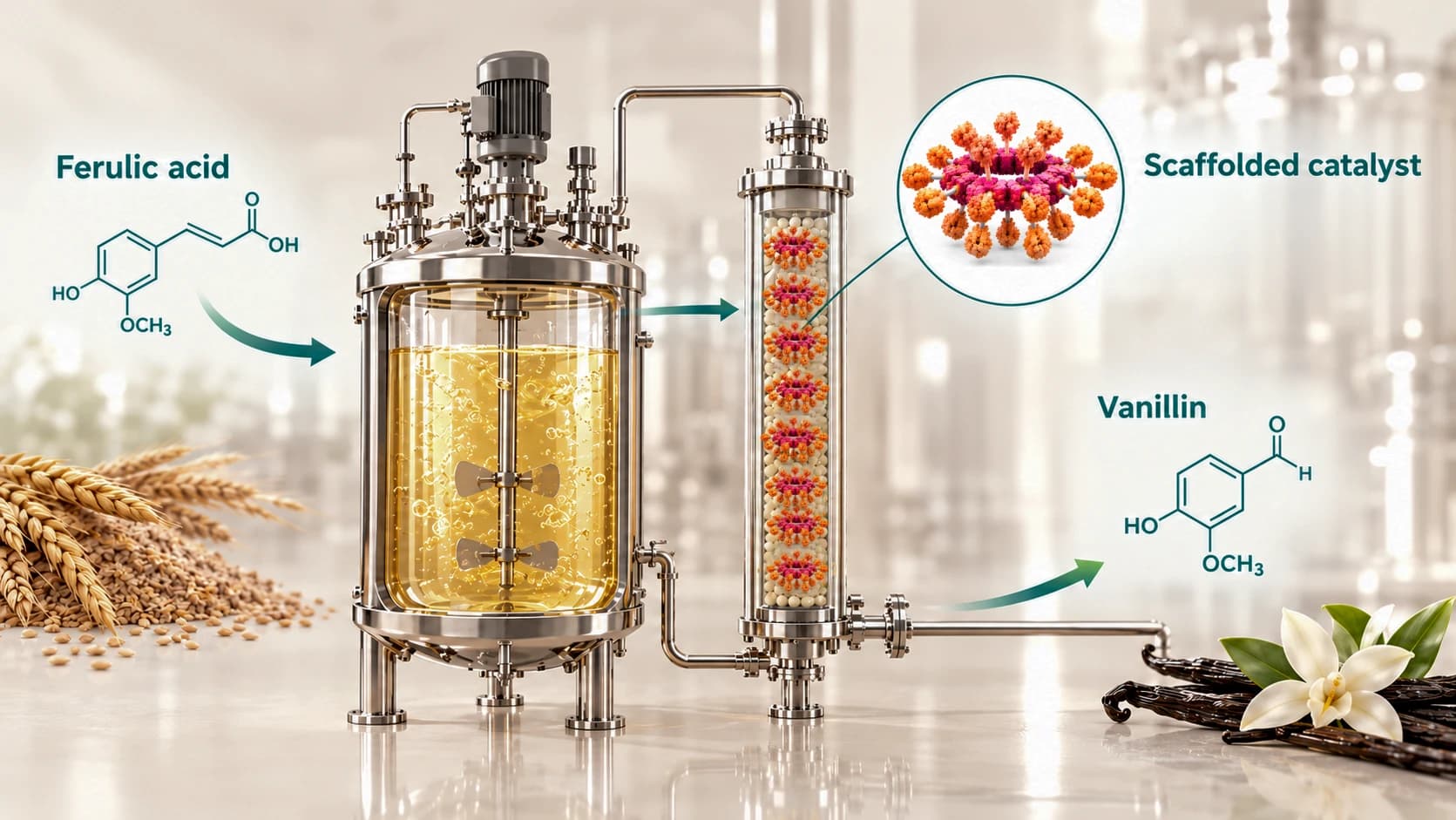 Process illustration: ferulic acid enters a stirred reactor, then a column packed with scaffolded catalyst, and vanillin comes out